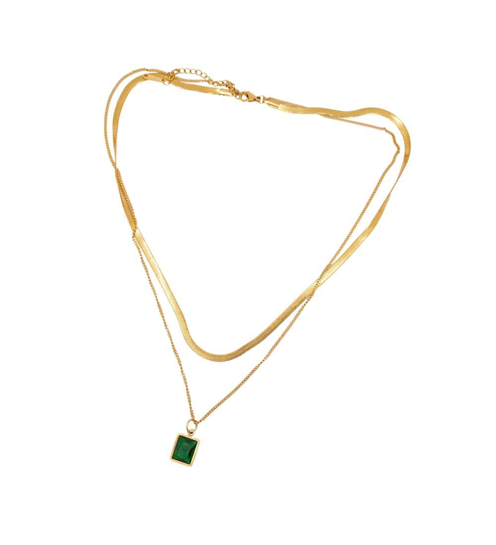 Double layered rose gold chain with green stone
