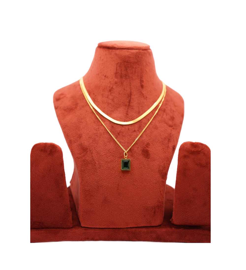 Emerald Pendant Layered Necklace with square stone