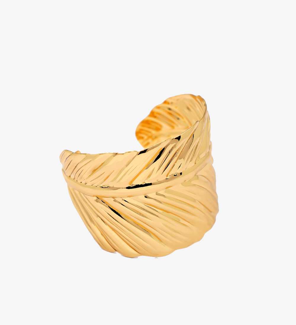 Textured Gold Plated Leaf Open Cuff Bracelet for Women