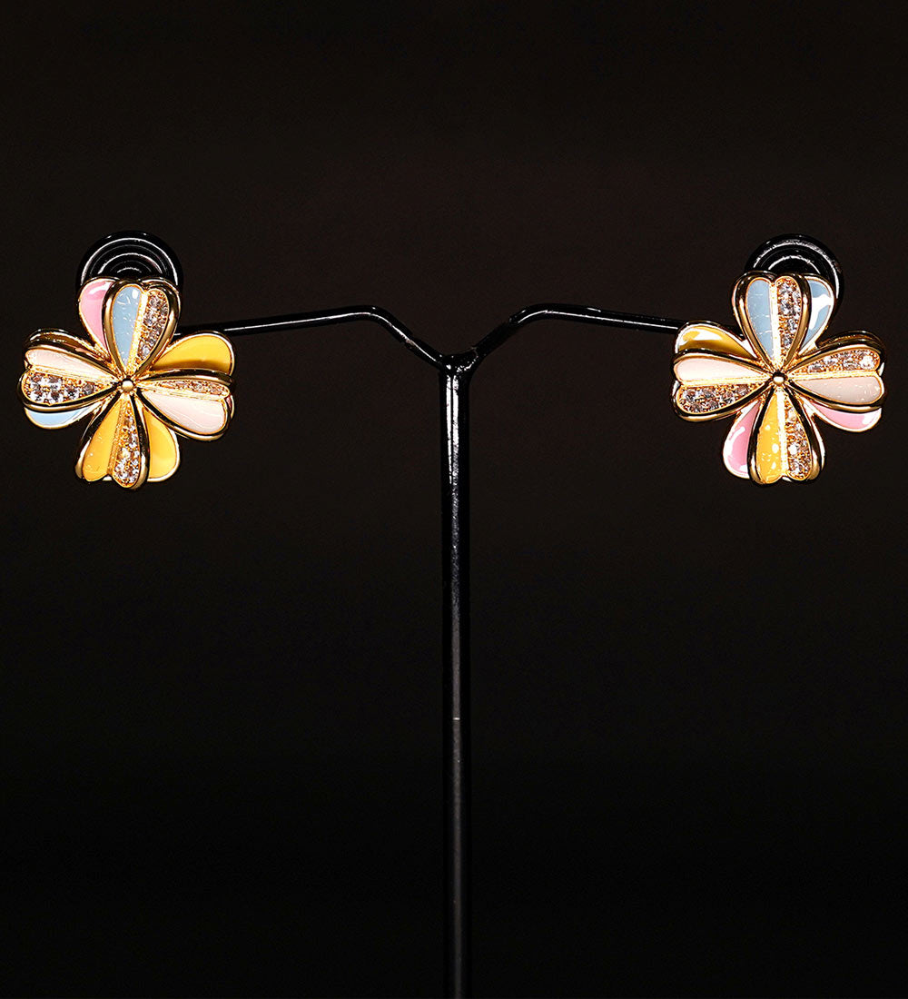 Colorful flower-shaped enamel and crystal stud earrings with clover design