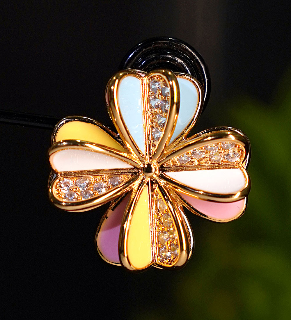 Gold Plated Multicolor Clover Earrings - Enamel & Crystal Studs