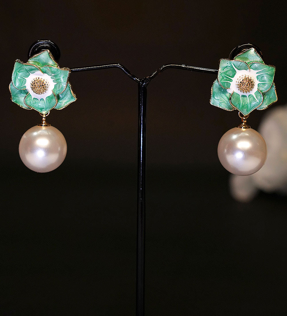 Green enamel floral tops with dangling round pearls