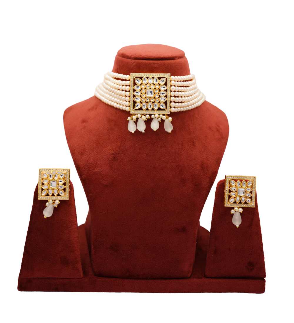 Multi-Layer Pearl Choker Necklace Set with Polki Pendant