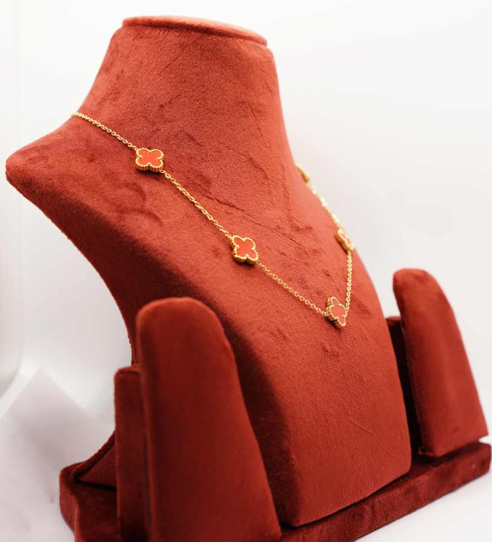 Gold Plated Clover Pendant Necklace with Red Enamel