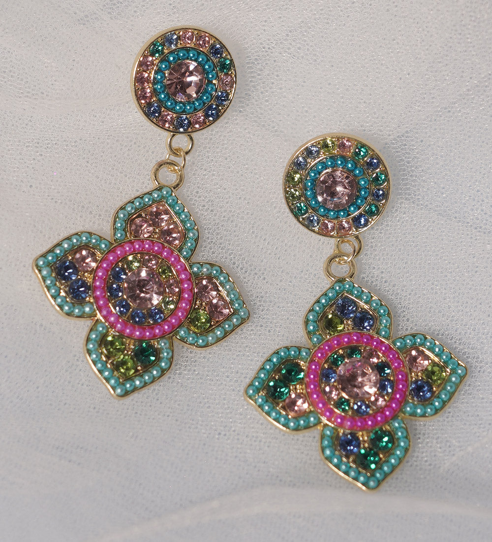 Colorful Crystal Beaded Boho Drop Earrings in Floral Design