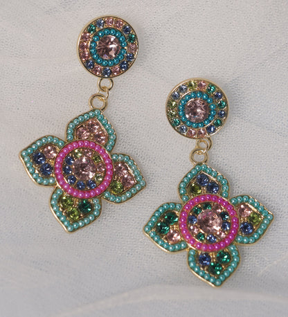 Colorful Crystal Beaded Boho Drop Earrings in Floral Design