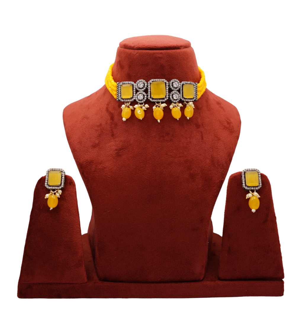 Square Yellow Gemstone Choker Necklace with stud earrings