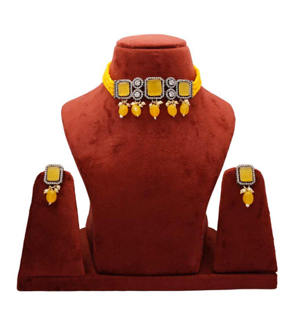 Square Yellow Gemstone Choker Necklace with stud earrings
