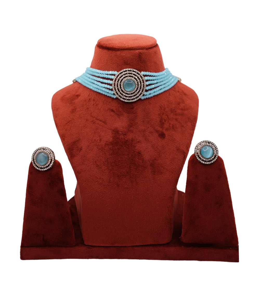 Light Blue Beaded Choker Necklace with stud earrings