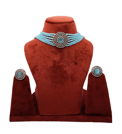 Light Blue Beaded Choker Necklace with stud earrings