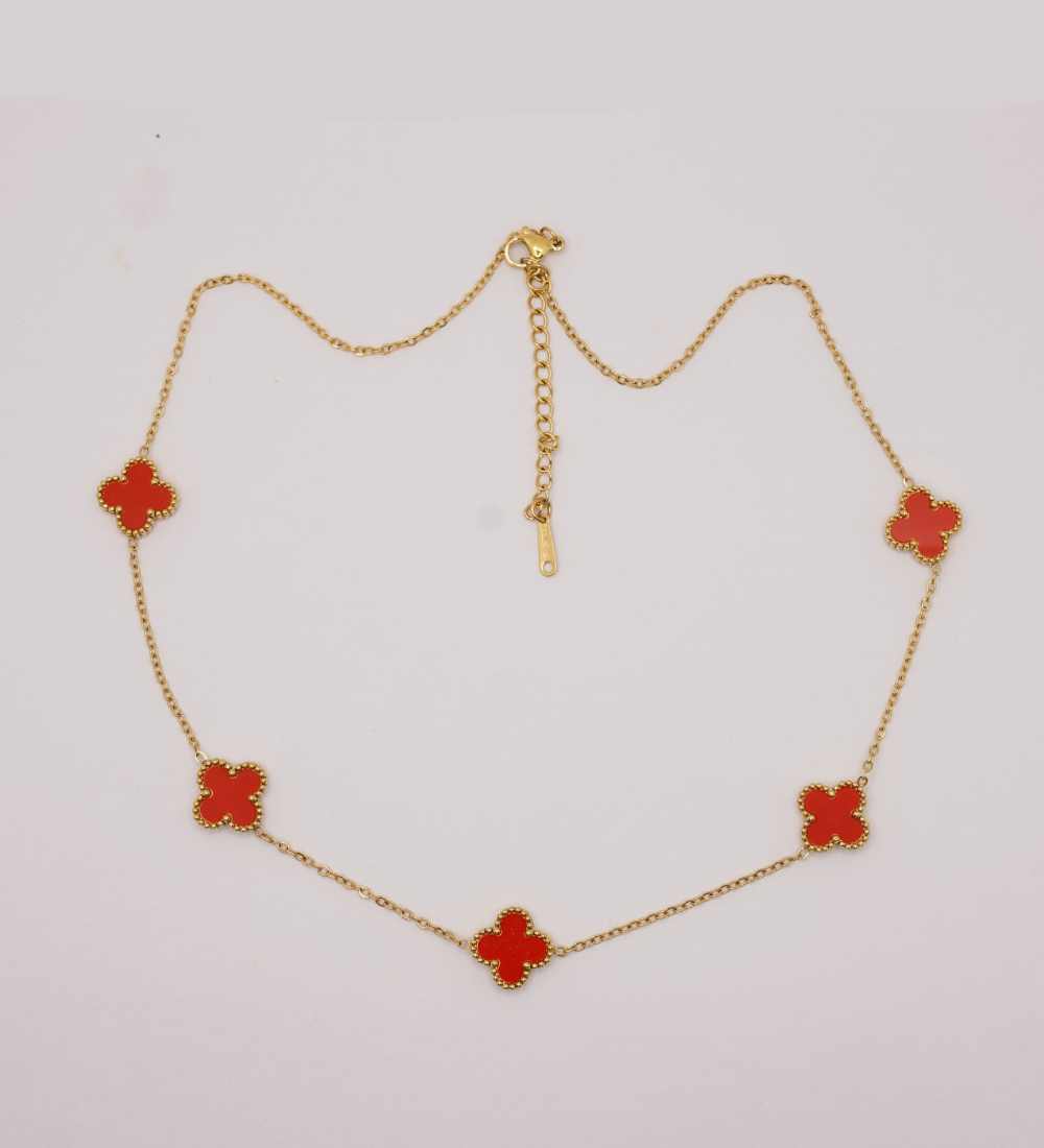Stylish Red Clover Necklace in Gold Finish