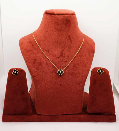 Gold Tone Black Clover Necklace Earring Set